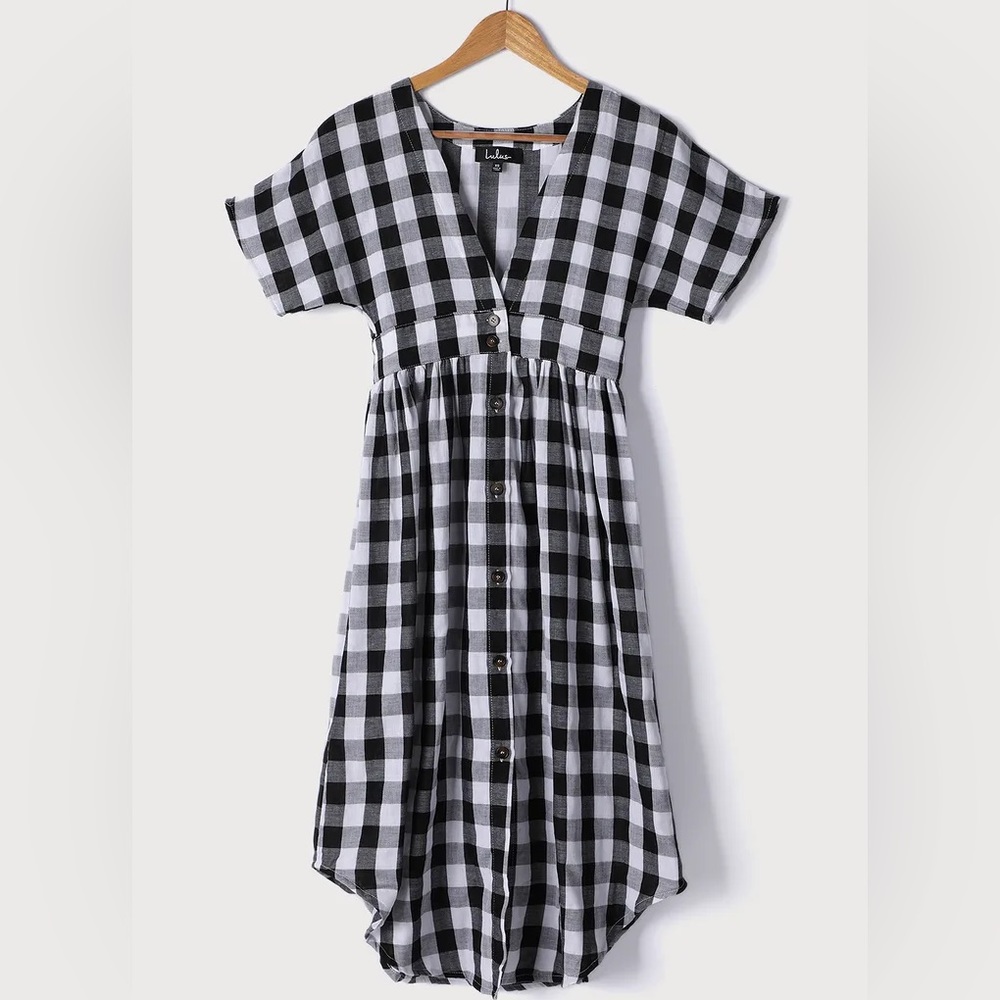 Lulu’s Checks Out Black and White Gingham Button-Front Midi Dress XS NWT